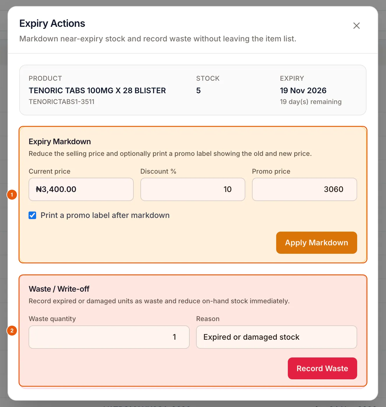 The Expiry Actions dialog with an expiry markdown section and a waste write-off section.