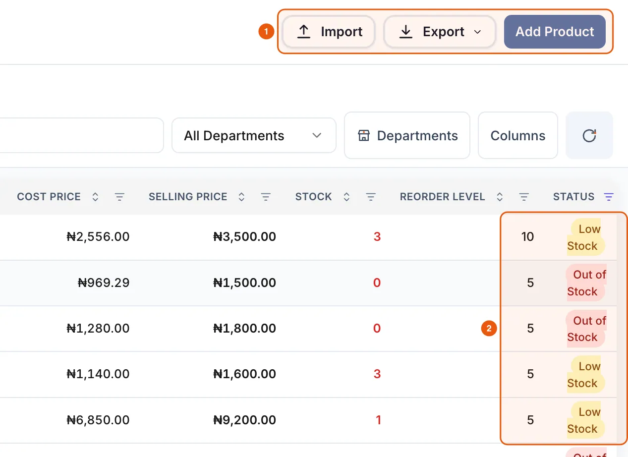 The Items tab with product list, Import, Export and Add Product buttons.