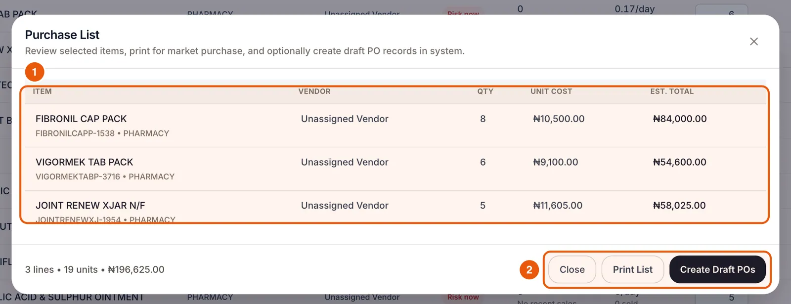 The Purchase List with three items, 19 units and ₦196,625, plus Print List and Create Draft POs buttons.