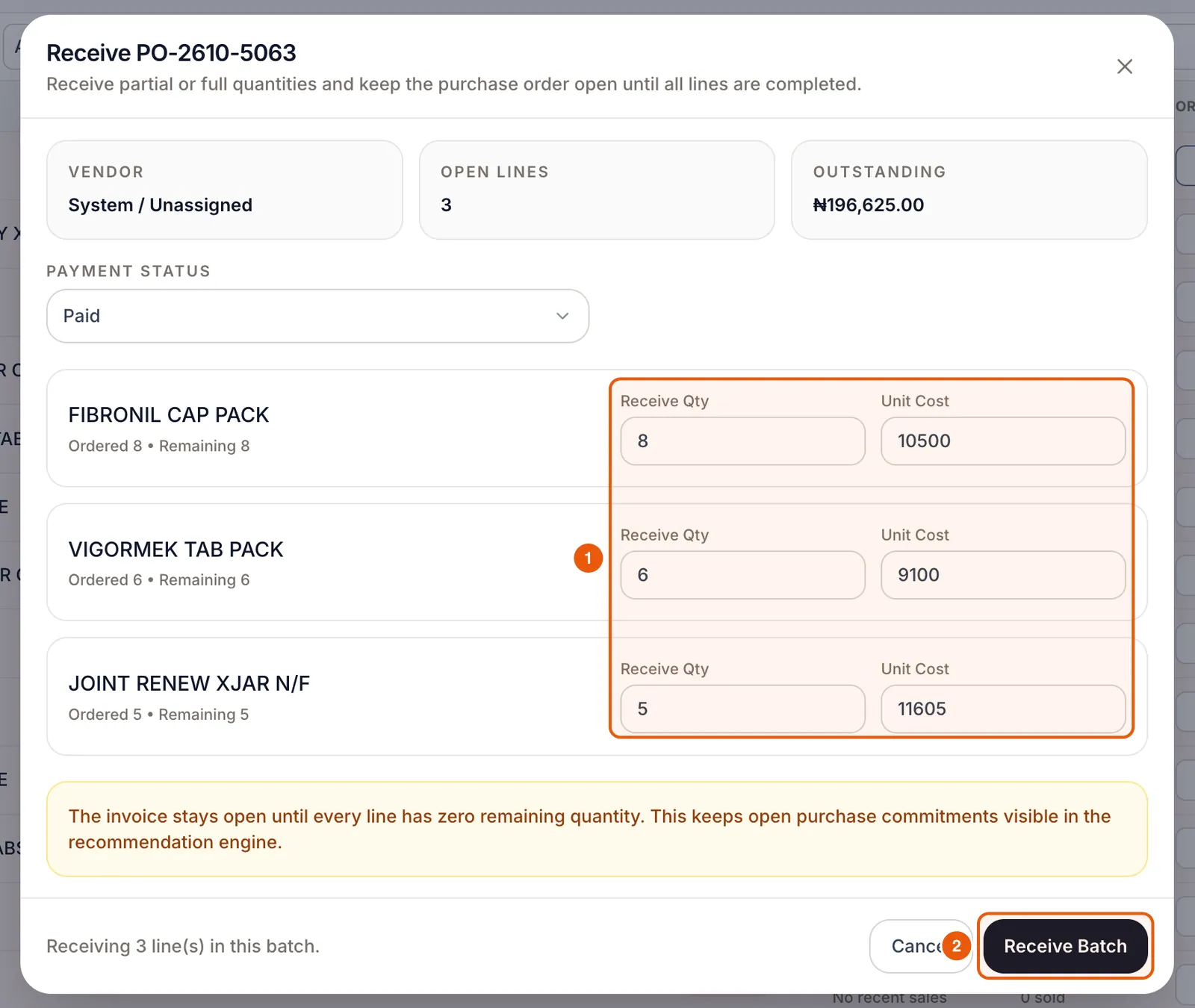 Receiving PO-2610-5063 with receive quantity and unit cost for each line.