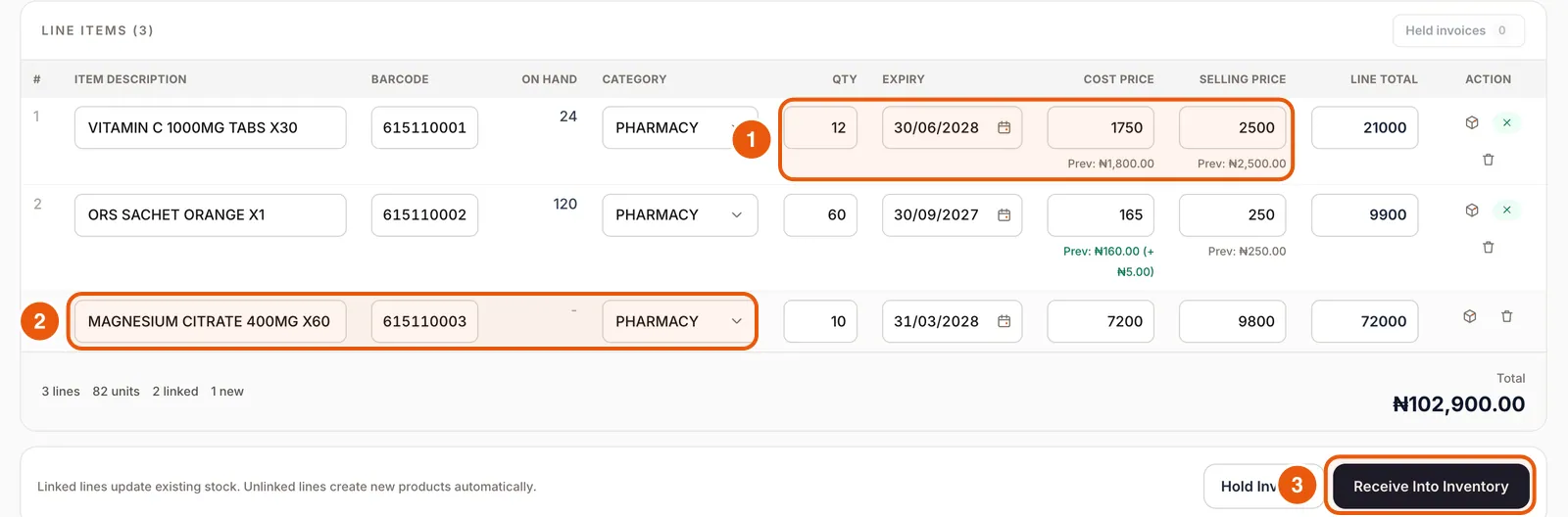 Receive Items with three invoice lines, expiry dates, cost and selling prices and a ₦102,900 total.