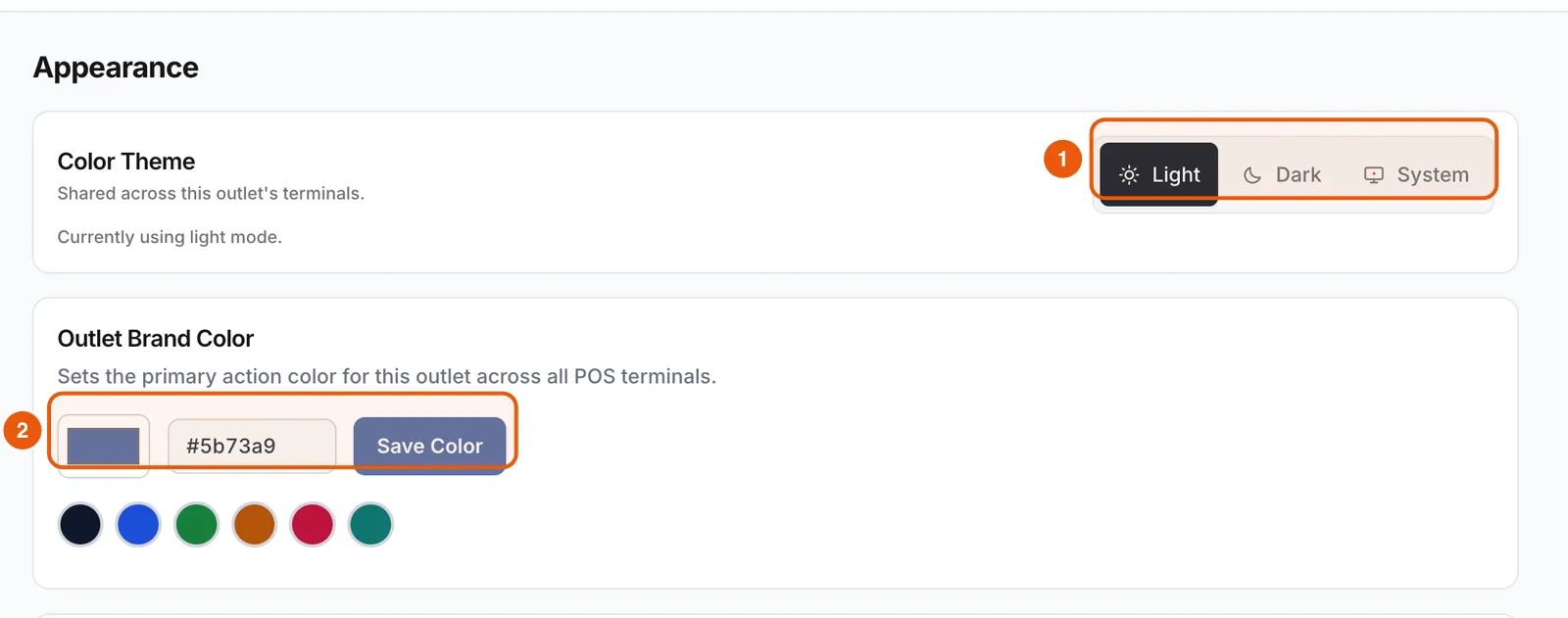 Appearance settings with colour theme, outlet brand colour and background style.