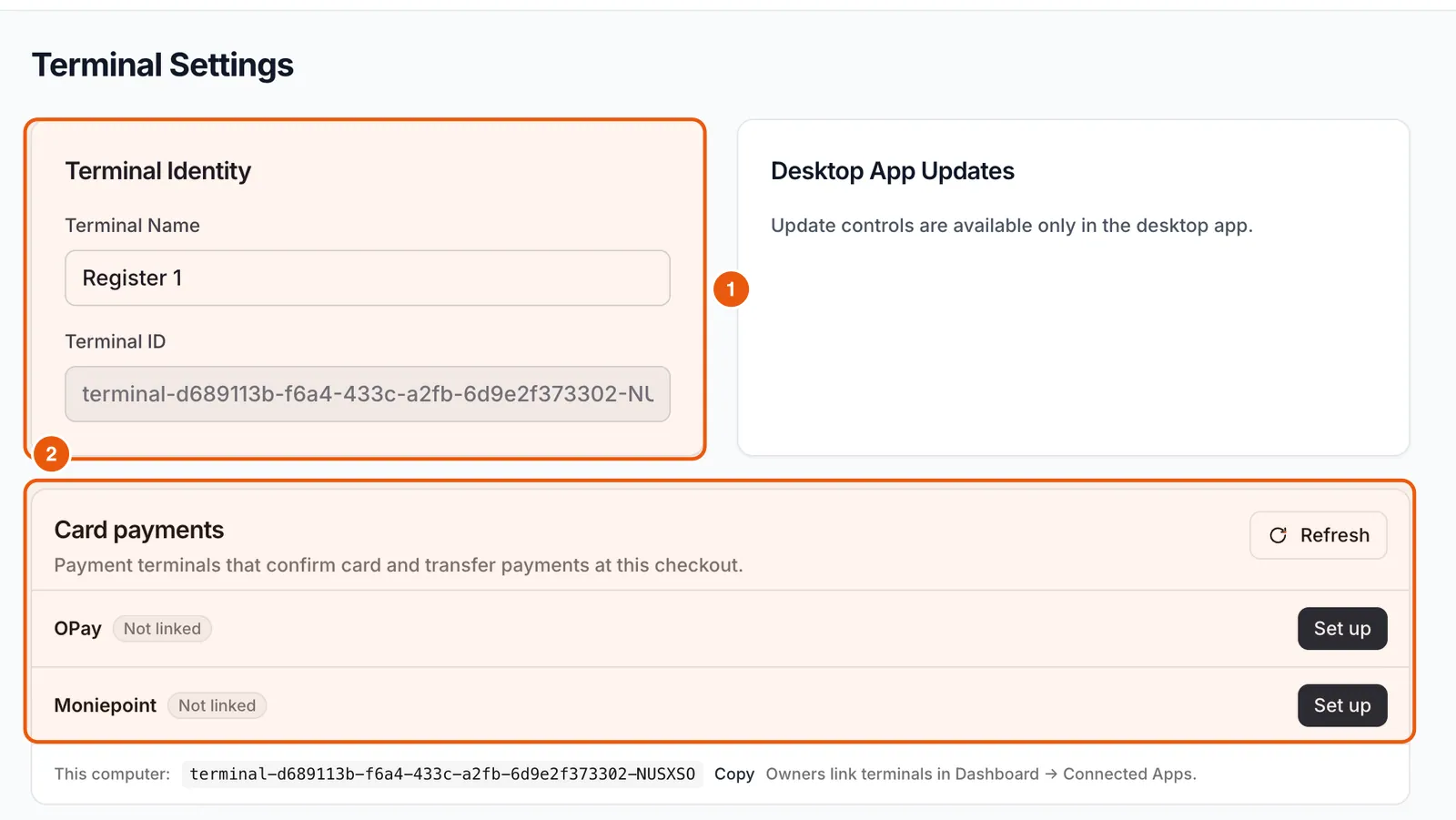 Terminal Settings with terminal identity and OPay and Moniepoint card payment setup.