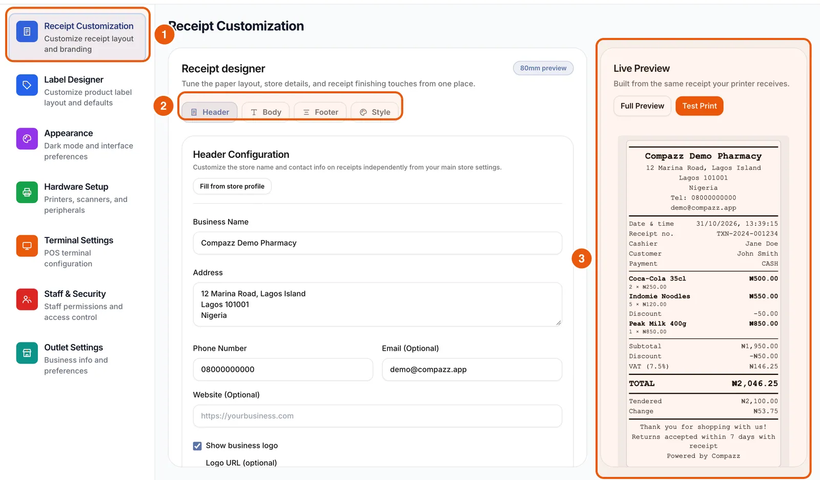 Receipt designer with header configuration and live preview.