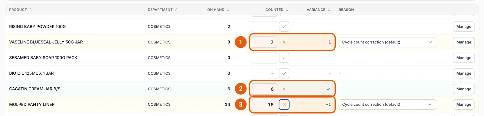 Counting cosmetics: counts typed, matches ticked and variances of −1 and +1 shown.