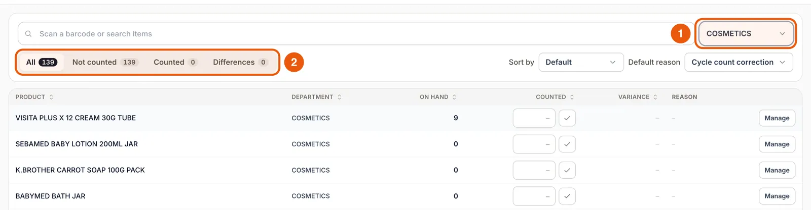 Stocktaking filtered to COSMETICS with 139 items to count.