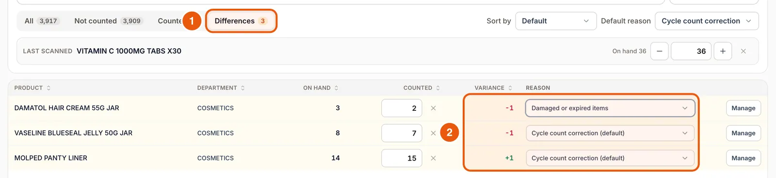 Stocktaking Differences tab with three items, their variance and a reason for each.