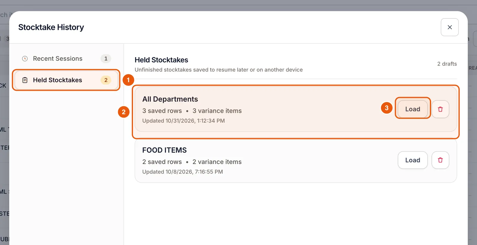 Held Stocktakes with saved drafts, their variance counts and Load and delete buttons.