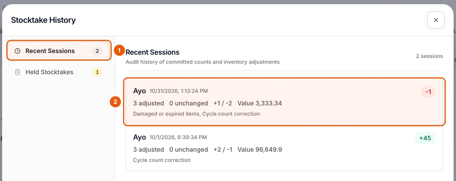 Stocktake History with recent sessions showing who applied them, items adjusted and value.