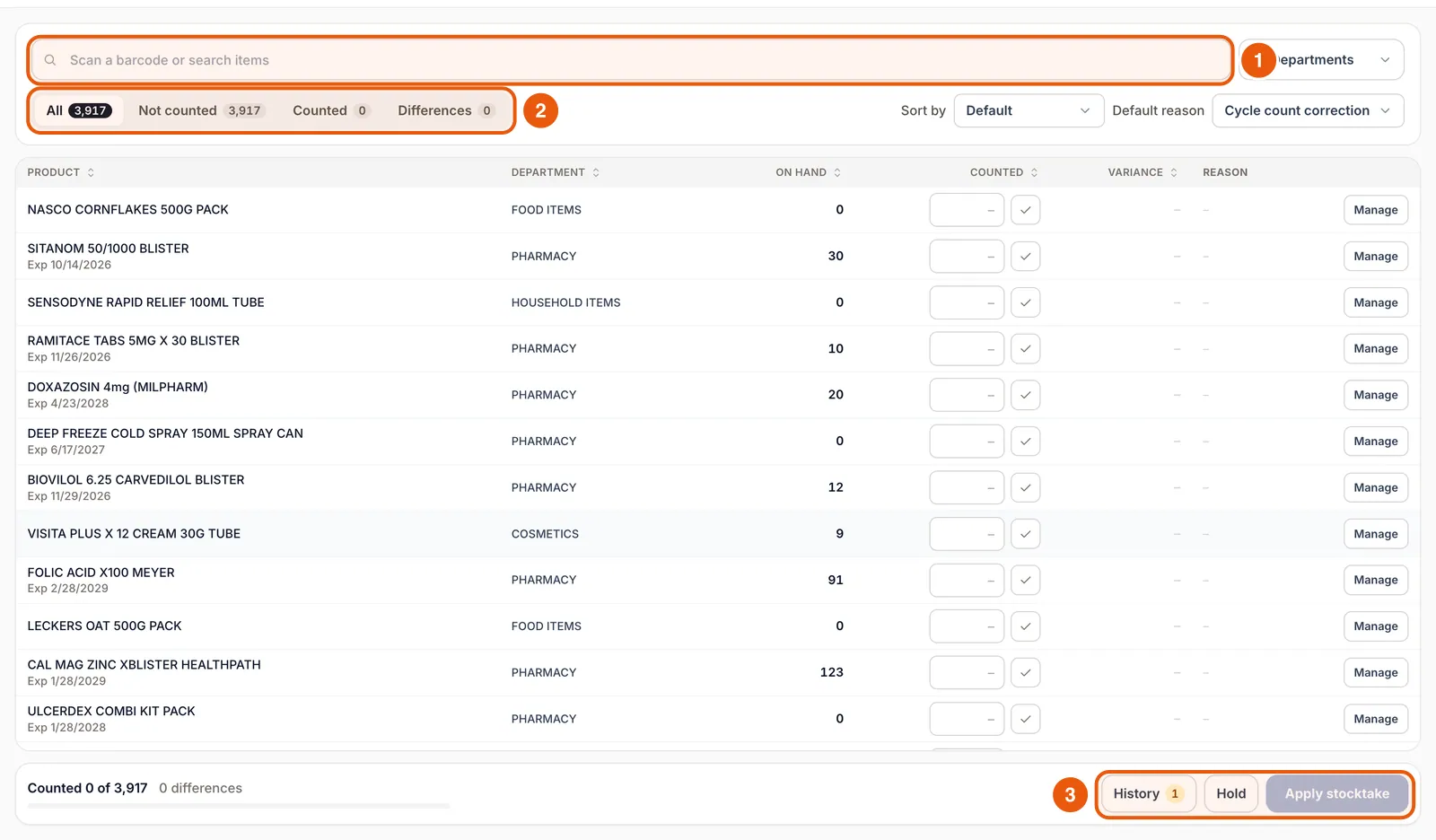 The Stocktaking screen with search, department filter, All/Not counted/Counted/Differences tabs and a product table.