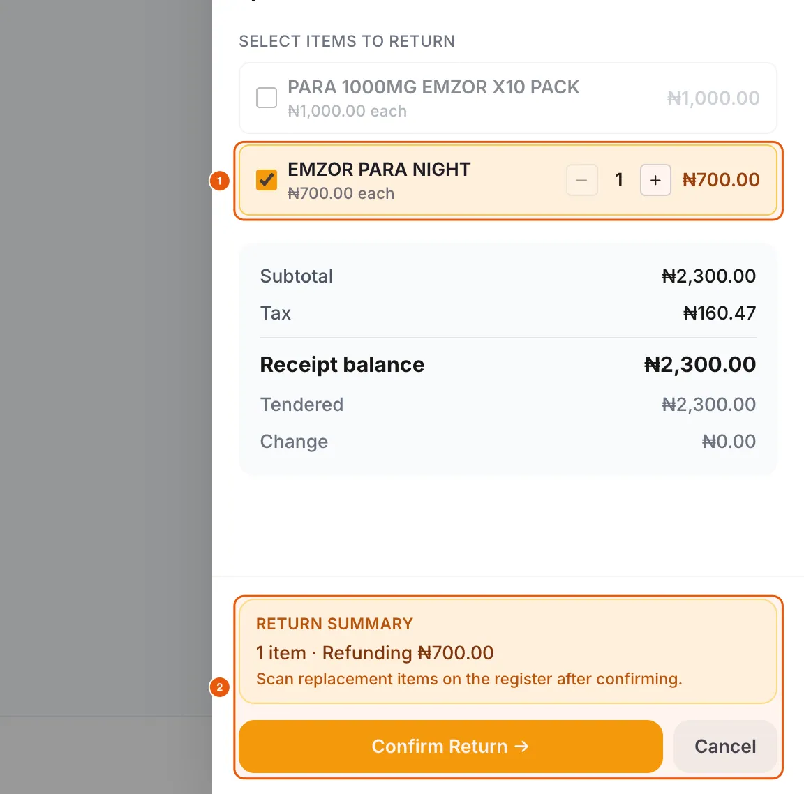 Returning one EMZOR PARA NIGHT from a receipt with a Return summary of ₦700 and a Confirm Return button.