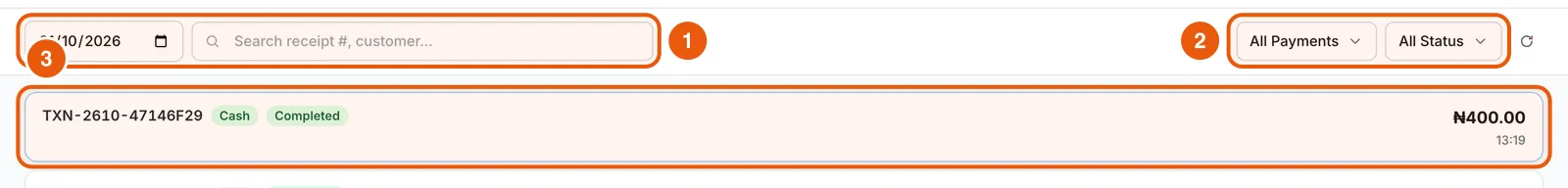 The Transactions tab listing today’s receipts with payment type, status, amount and time.
