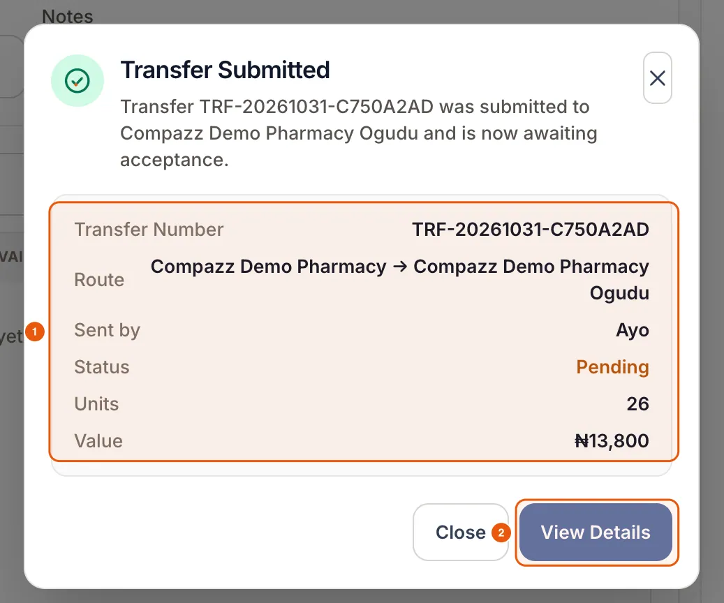 Transfer Submitted confirmation with transfer number, route, sender, status Pending, units and value.