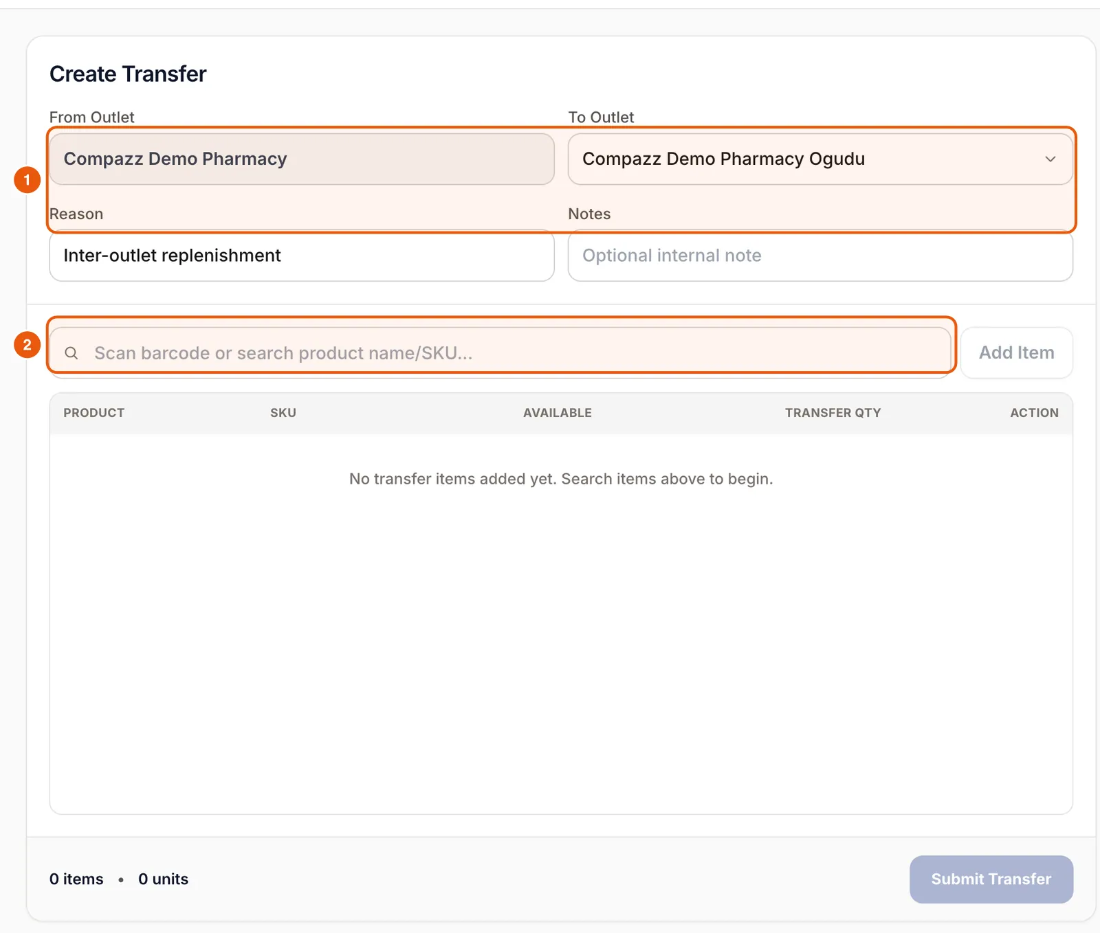 Transfer Outlet with the Create Transfer form and a list of recent transfers.