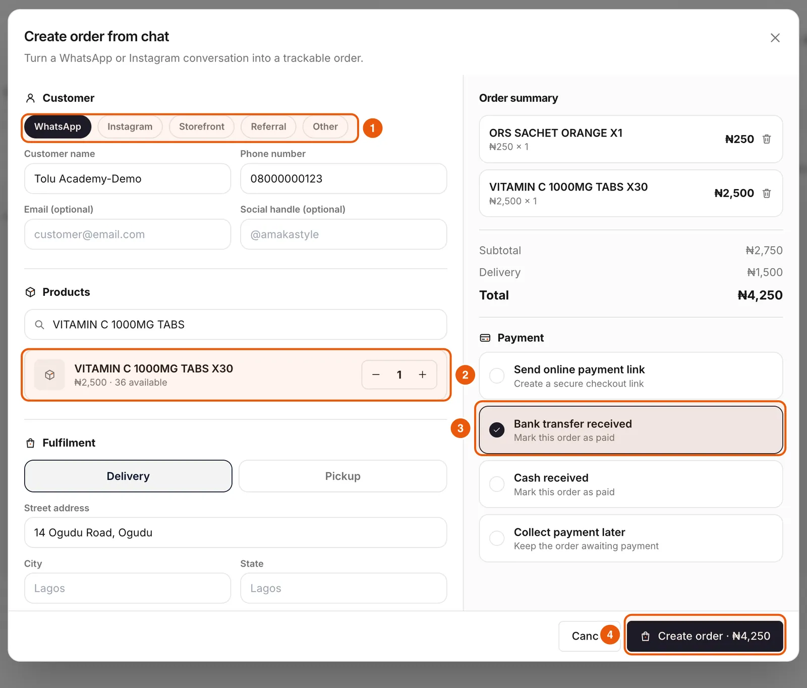 Creating an order from a WhatsApp chat with customer details, products, delivery address and payment choice.