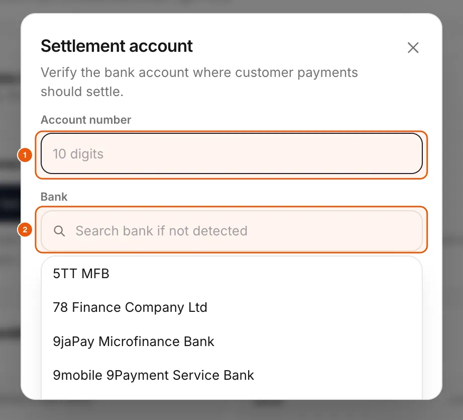 The Settlement account dialog with account number and bank search.