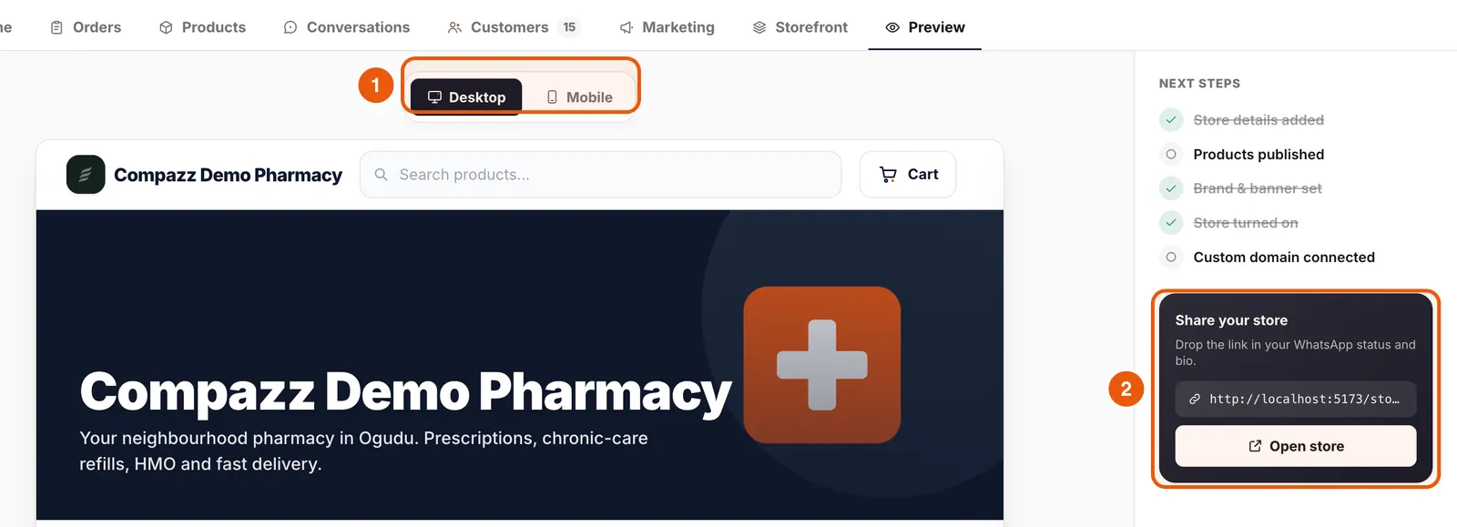 The Preview tab with a desktop preview of the store, next steps and a Share your store link.