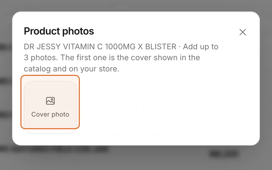 The Product photos dialog for adding up to three photos.
