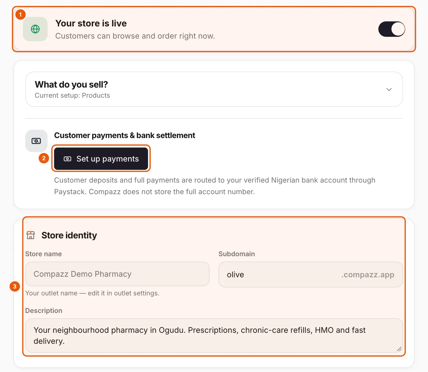 Storefront tab with store live toggle, payments setup, store name, subdomain and description.