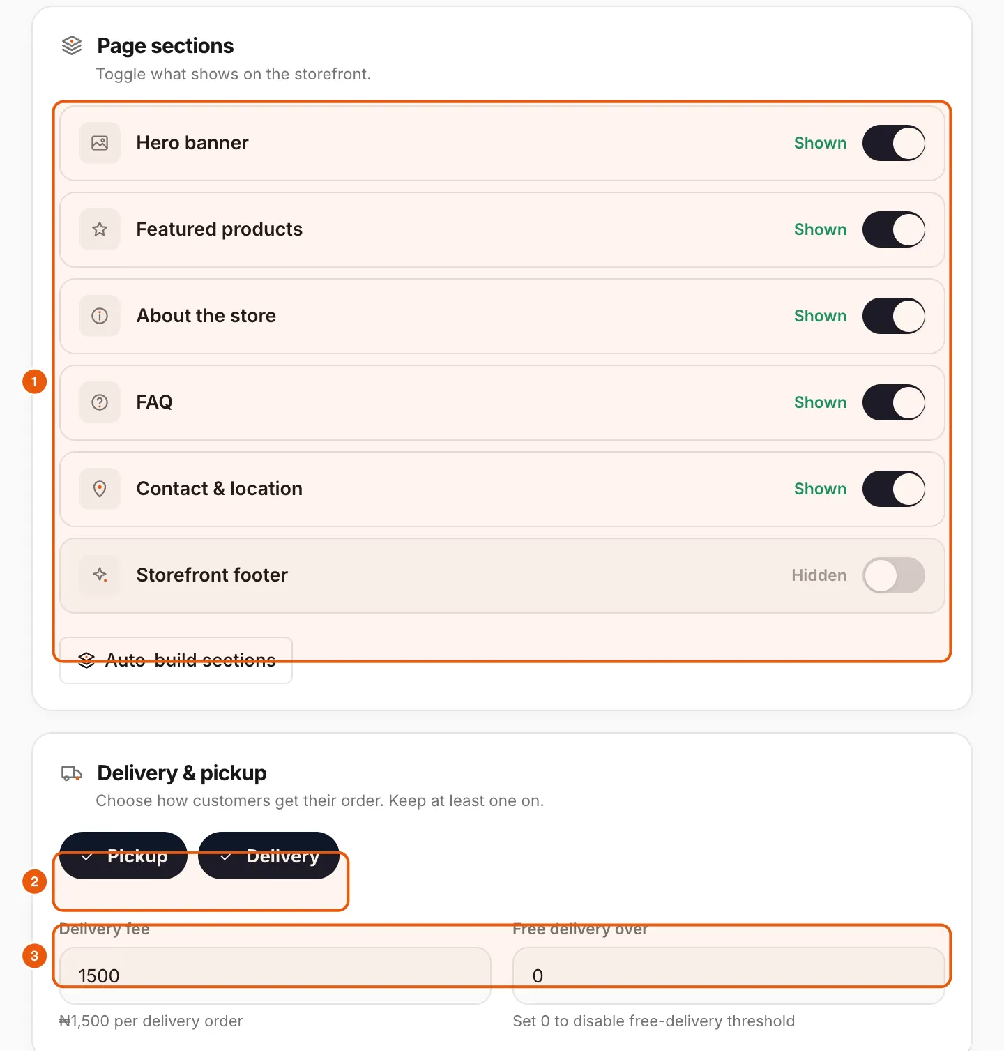 Page sections toggles for hero banner, featured products, about, FAQ, contact and footer, plus delivery and pickup settings.