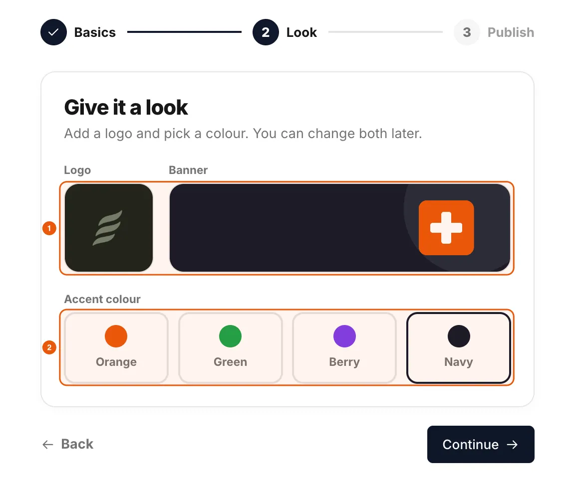 The Look step with logo, banner and accent colour options.