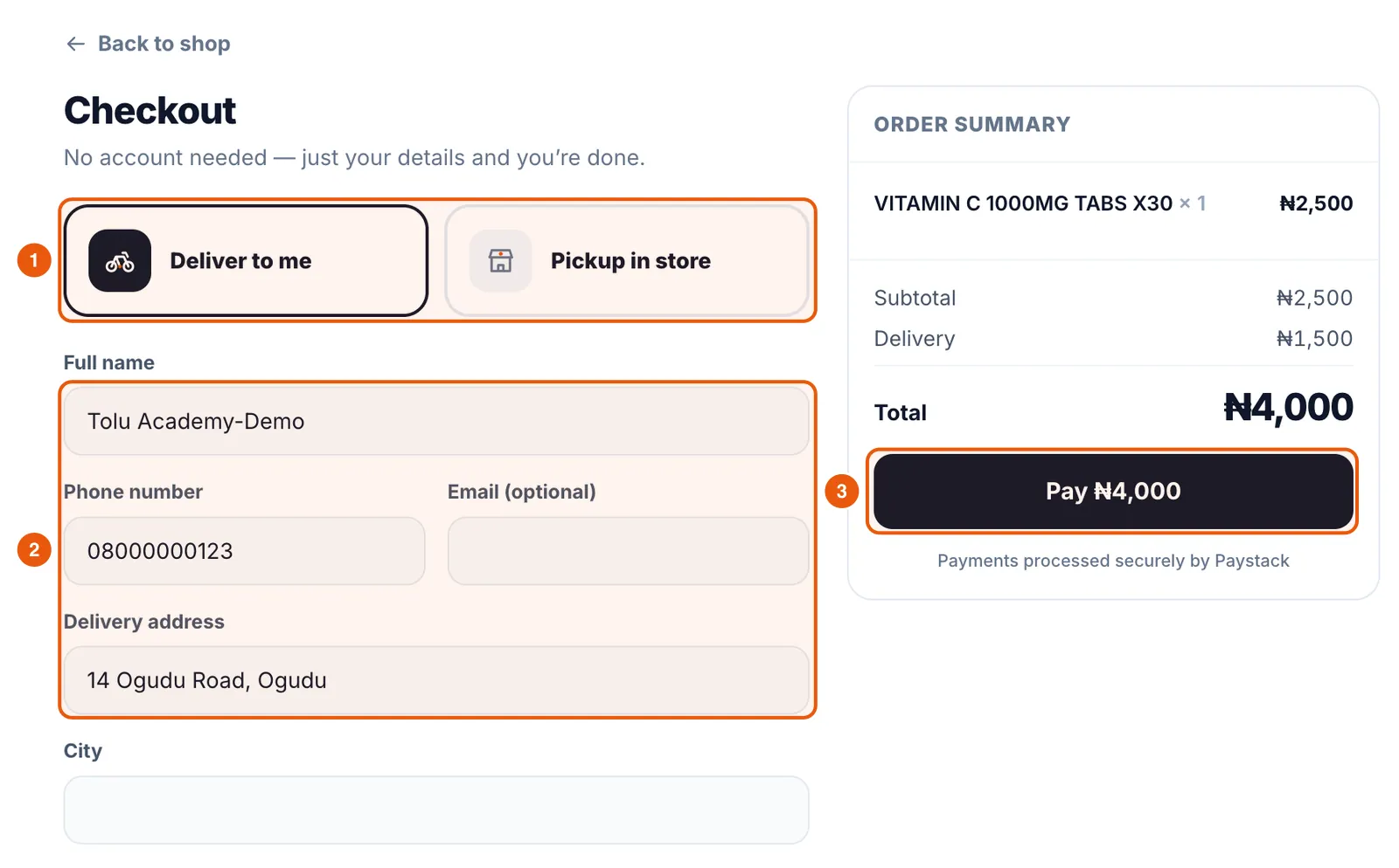 Checkout with Deliver to me selected, customer details, delivery address and an order summary of ₦4,000 including ₦1,500 delivery.